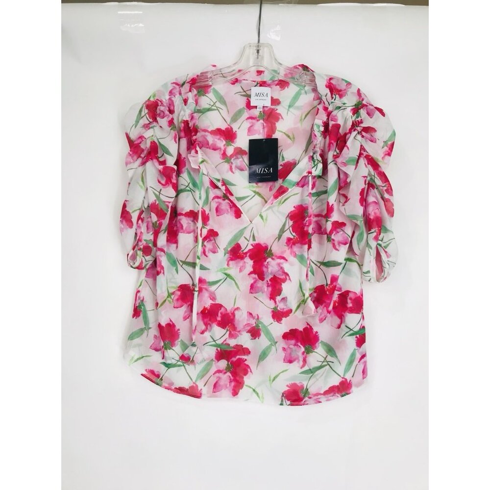 Misa Blouse Top Womens Size XS Pink White Floral Sheer Ruche Sleeves